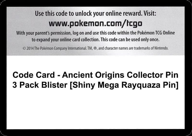 Code Card - Ancient Origins Collector Pin 3 Pack Blister [Shiny Mega Rayquaza Pin]