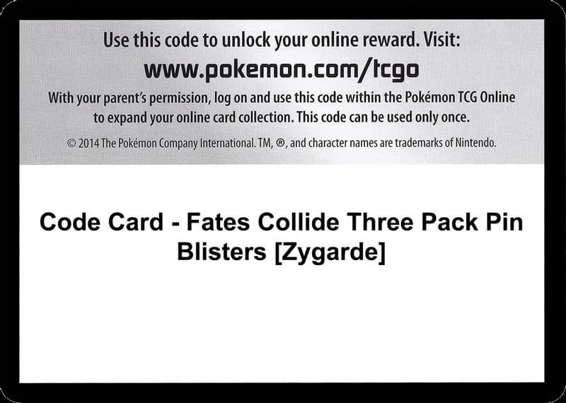 Code Card - Fates Collide Three Pack Pin Blisters [Zygarde]