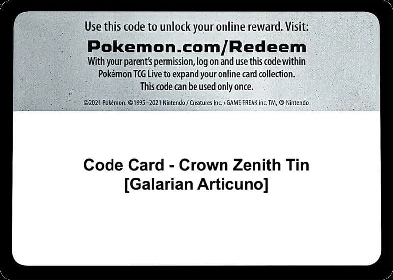 Code Card - Crown Zenith Tin [Galarian Articuno]