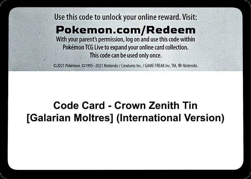 Code Card - Crown Zenith Tin [Galarian Moltres] (International Version)