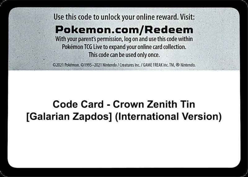 Code Card - Crown Zenith Tin [Galarian Zapdos] (International Version)