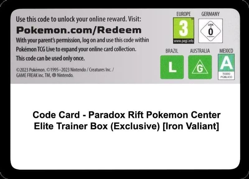 Code Card - Paradox Rift Pokemon Center Elite Trainer Box (Exclusive) [Iron Valiant]