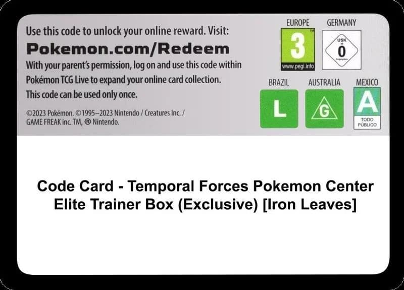 Code Card - Temporal Forces Pokemon Center Elite Trainer Box (Exclusive) [Iron Leaves]
