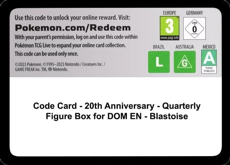 Code Card - 20th Anniversary - Quarterly Figure Box for DOM EN - Blastoise